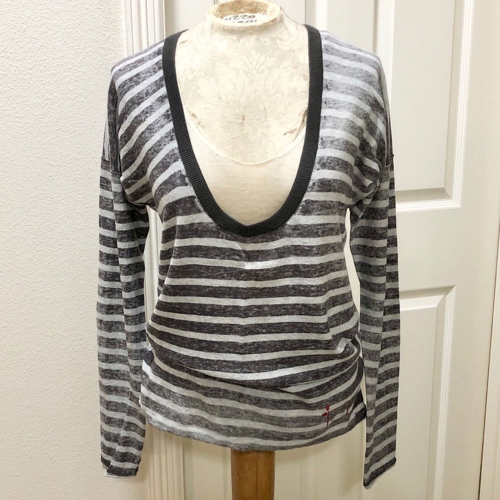 Gap (PRODUCT) RED - Ltd Edition Distressed Gray Striped Deep U-Neck Sweater - M